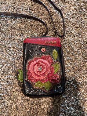 Chala Black Crossbody with Pink Rose Applique and Green Leaves